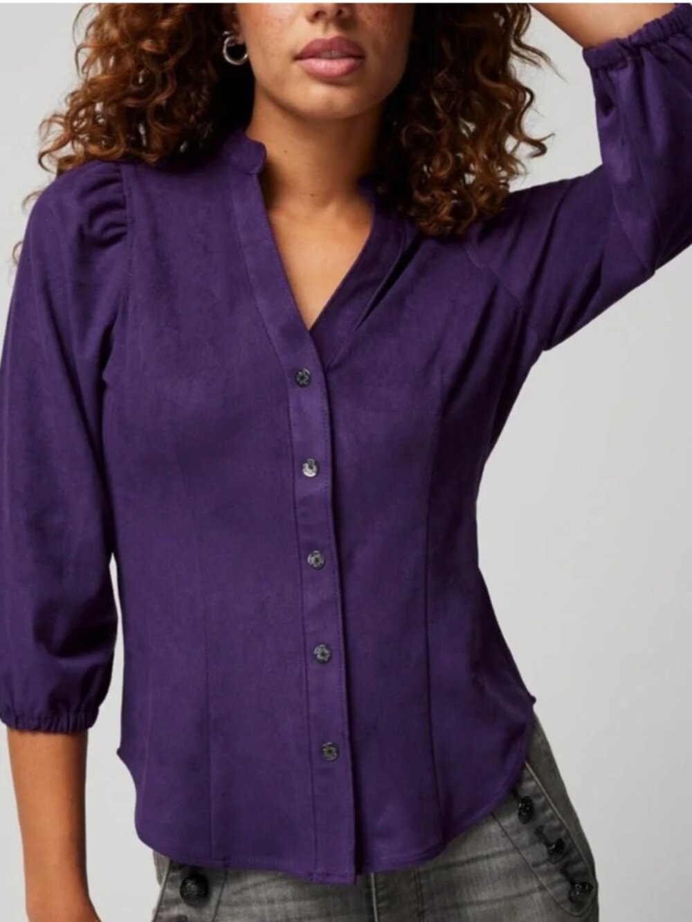White House Black Market Vegan Suede Deep Amethyst Fitted Shirt size 6
